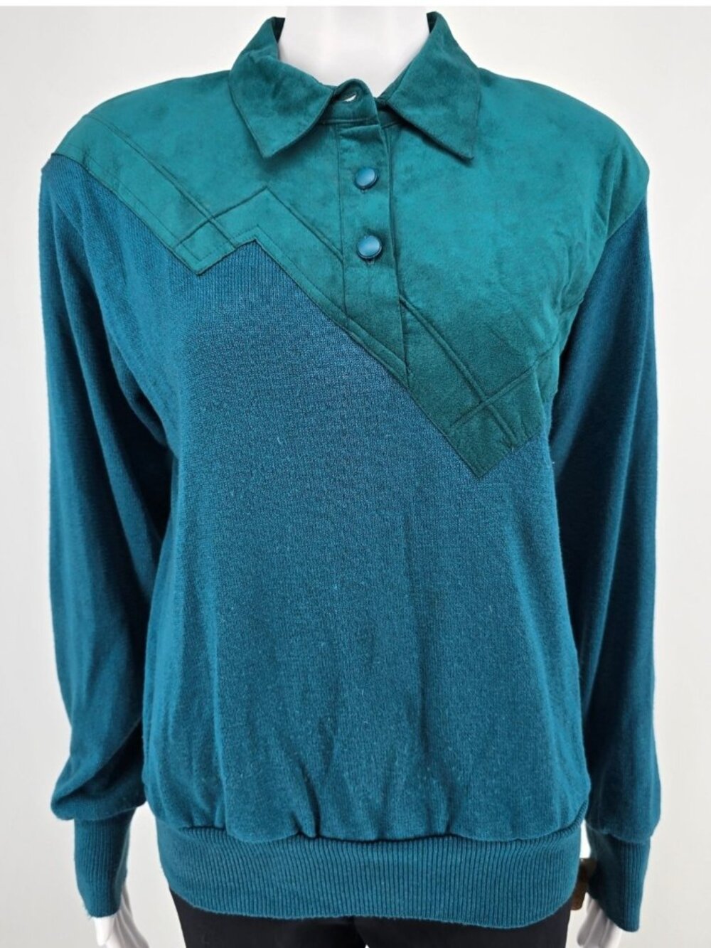 Vintage 1980s Lilli Ann Collections Teal Ultrasuede Mixed Media Pullover (10/M)